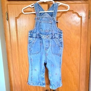 Girls Denim Overalls with Floral Embroidery, 12 Months